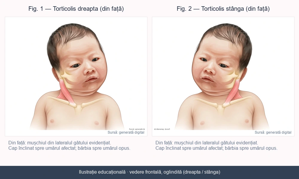 Torticolis dreapta și stânga: vedere din față, mușchi evidențiat